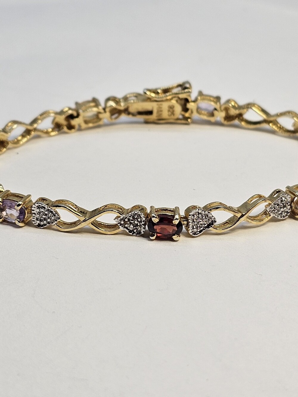 Gold Over Sterling Garnet and Amethyst Infinity Link Bracelet Diamond Accent HAN